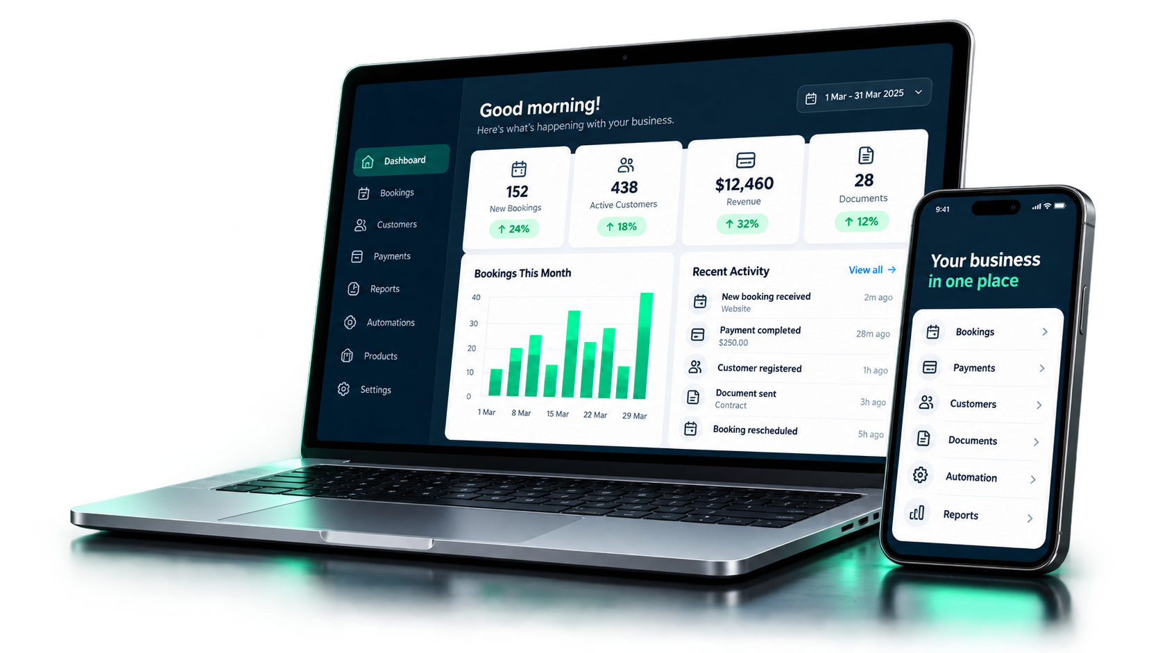 Photorealistic concept rendering of a premium silver laptop and dark phone on a reflective desktop, displaying illustrative sample dashboards; all figures and transactions are fictional.